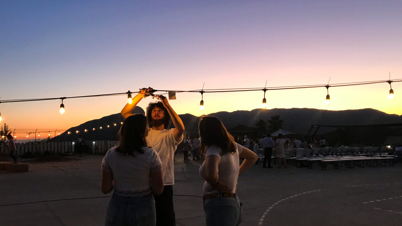 three teens stringing up lights outside at sunset.